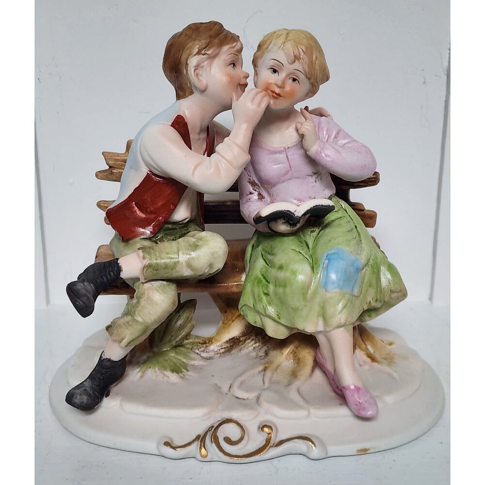 Vintage Boy Whispering to Girl On Bench Figurine Hand Painted on Bench 6"